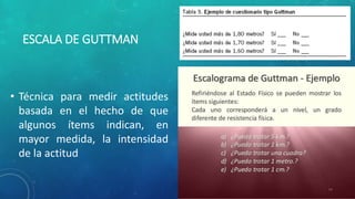 ESCALA DE GUTTMAN
• Técnica para medir actitudes
basada en el hecho de que
algunos ítems indican, en
mayor medida, la intensidad
de la actitud