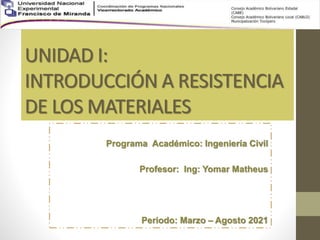 UNIDAD I:
INTRODUCCIÓN A RESISTENCIA
DE LOS MATERIALES
Programa Académico: Ingeniería Civil
Profesor: Ing: Yomar Matheus
Periodo: Marzo – Agosto 2021
 