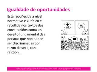Políticas públicas de igualdade de oportunidades entre homes e mulleres e promoción profesional
Está recoñecida a nivel
normativo e xurídico e
recollida nos textos das
constitucións coma un
dereito fundamental das
persoas que non poden
ser discriminadas por
razón de sexo, raza,
relixión…
Igualdade de oportunidades
 
