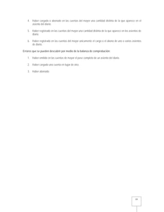   13 
4. Haber cargado o abonado en las cuentas del mayor una cantidad distinta de la que aparece en el
asiento del diario.
5. Haber registrado en las cuentas del mayor una cantidad distinta de la que aparece en los asientos de
diario.
6. Haber registrado en las cuentas del mayor únicamente el cargo o el abono de uno o varios asientos
de diario.
Errores que se pueden descubrir por medio de la balanza de comprobación:
1. Haber omitido en las cuentas de mayor el pase completo de un asiento del diario.
2. Haber cargado una cuenta en lugar de otra.
3. Haber abonado.
 
