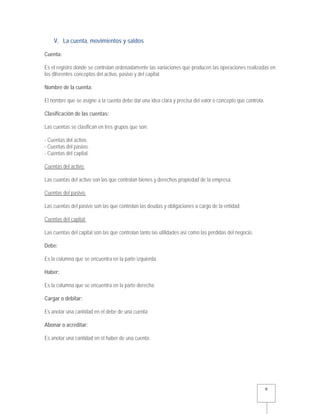   9 
V. La cuenta, movimientos y saldos
Cuenta:
Es el registro donde se controlan ordenadamente las variaciones que producen las operaciones realizadas en
los diferentes conceptos del activo, pasivo y del capital.
Nombre de la cuenta:
El nombre que se asigne a la cuenta debe dar una idea clara y precisa del valor o concepto que controla.
Clasificación de las cuentas:
Las cuentas se clasifican en tres grupos que son:
- Cuentas del activo.
- Cuentas del pasivo.
- Cuentas del capital.
Cuentas del activo:
Las cuantas del activo son las que controlan bienes y derechos propiedad de la empresa.
Cuentas del pasivo:
Las cuentas del pasivo son las que controlan las deudas y obligaciones a cargo de la entidad.
Cuentas del capital:
Las cuentas del capital son las que controlan tanto las utilidades así como las pérdidas del negocio.
Debe:
Es la columna que se encuentra en la parte izquierda.
Haber:
Es la columna que se encuentra en la parte derecha.
Cargar o debitar:
Es anotar una cantidad en el debe de una cuenta
Abonar o acreditar:
Es anotar una cantidad en el haber de una cuenta.
 