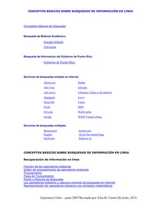 CONCEPTOS BÁSICOS SOBRE BUSQUEDAD DE INFORMACIÓN EN LINEA
Esperanza Colón – junio 2007/Revisado por: Elsa M. Castro De Jesús, 2013.
Conceptos básicos de búsqueda
Búsqueda de Material Académico
Google Scholar
Universia
Búsqueda de Información del Gobierno de Puerto Rico
Gobierno de Puerto Rico
Servicios de búsquedas simples en Internet
About.com Hotbot
Alta Vista Infoseek
Ask Jeeves Librarians´ Index to the Internet
Answers Lycos
Direct Hit Yahoo
Excite MSN
GO.com WebCrawler
Google WWW Virtual Library
Servicios de búsquedas múltiples
Metacrawler Search.com
Dogpile All-In-One Search Page
Intelliseek Highway 61
CONCEPTOS BÁSICOS SOBRE BUSQUEDAD DE INFORMACIÓN EN LINEA
Recuperación de información en línea
Función de los operadores boleanos
Orden de procesamiento de operadores boleanos
Truncamiento
Tipos de Truncamiento
Portal y Motores de Búsqueda
Los operadores boleanos y algunos motores de búsqueda en internet
Representación de operadores boleanos con símbolos matemáticos
 