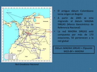 29
Red Geodésica Nacional
• El antiguo dátum Colombiano
tenia origen en Bogotá
• A partir de 2005 se esta
migrando al datum MAGNA
SIRGAS (Marco Geocéntrico de
Referencia Nacional)
• La red MAGNA SIRGAS está
compuesta por más de 170
estaciones, 50 pertenecen a la
red global
Dátum MAGNA SIRGAS = Elipsoide
WGS-84 + MAGNA
 