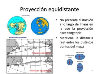 Proyección equidistante

Dirección verdadera

• No presenta distorsión
a lo largo de líneas en
la que la proyección
hace tangencia
• Mantiene la distancia
real entre los distintos
puntos del mapa
Meridianos

Proyección conforme
Circulo en la
Tierra

Paralelos

Proyección equidistante

18

 
