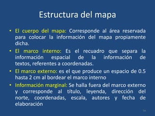 Estructura del mapa
• El cuerpo del mapa: Corresponde al área reservada
para colocar la información del mapa propiamente
dicha.
• El marco interno: Es el recuadro que separa la
información espacial de la información de
textos, referentes a coordenadas.
• El marco externo: es el que produce un espacio de 0.5
hasta 2 cm al bordear el marco interno
• Información marginal: Se halla fuera del marco externo
y corresponde al título, leyenda, dirección del
norte, coordenadas, escala, autores y fecha de
elaboración
54

 