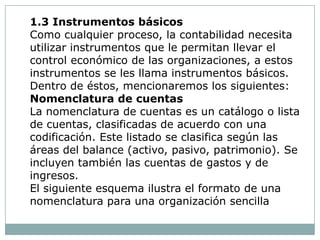 1.3 Instrumentos básicos
Como cualquier proceso, la contabilidad necesita
utilizar instrumentos que le permitan llevar el
control económico de las organizaciones, a estos
instrumentos se les llama instrumentos básicos.
Dentro de éstos, mencionaremos los siguientes:
Nomenclatura de cuentas
La nomenclatura de cuentas es un catálogo o lista
de cuentas, clasificadas de acuerdo con una
codificación. Este listado se clasifica según las
áreas del balance (activo, pasivo, patrimonio). Se
incluyen también las cuentas de gastos y de
ingresos.
El siguiente esquema ilustra el formato de una
nomenclatura para una organización sencilla
 