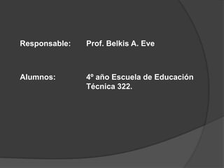 Responsable: Prof. Belkis A. Eve
Alumnos: 4º año Escuela de Educación
Técnica 322.
 