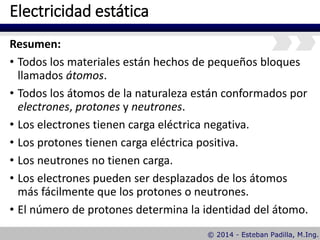 Electricidad estática
Resumen:
• Todos los materiales están hechos de pequeños bloques
llamados átomos.
• Todos los átomos de la naturaleza están conformados por
electrones, protones y neutrones.
• Los electrones tienen carga eléctrica negativa.
• Los protones tienen carga eléctrica positiva.
• Los neutrones no tienen carga.
• Los electrones pueden ser desplazados de los átomos
más fácilmente que los protones o neutrones.
• El número de protones determina la identidad del átomo.
 