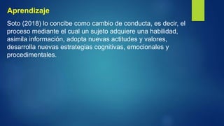 Aprendizaje
Soto (2018) lo concibe como cambio de conducta, es decir, el
proceso mediante el cual un sujeto adquiere una habilidad,
asimila información, adopta nuevas actitudes y valores,
desarrolla nuevas estrategias cognitivas, emocionales y
procedimentales.
 
