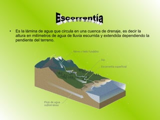 Es la lámina de agua que circula en una cuenca de drenaje, es decir la altura en milímetros de agua de lluvia escurrida y extendida dependiendo la pendiente del terreno. Escorrentía 