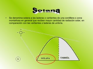 Se denomina solana a las laderas o vertientes de una cordillera o zona montañosa en general que reciben mayor cantidad de radiación solar, en comparación con las vertientes o laderas de umbría. Solana 