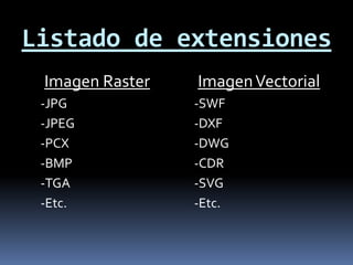 Listado de extensiones
 Imagen Raster   Imagen Vectorial
 -JPG            -SWF
 -JPEG           -DXF
 -PCX            -DWG
 -BMP            -CDR
 -TGA            -SVG
 -Etc.           -Etc.
 