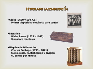 Hist iade l comput ció
                  or a          a n
•Abaco (2600 y 190 A.C).
   Primer dispositivo mecánico para contar



•Pascalina
   Blaise Pascal (1623 - 1662)
   Sumadora mecánica


•Máquina de Diferencias
  Charles Babbage (1793 - 1871)
  Suma, resta, multiplicación y división
  60 sumas por minuto
 