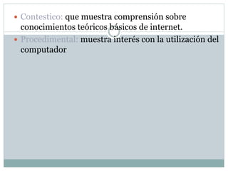  Contestico: que muestra comprensión sobre
conocimientos teóricos básicos de internet.
 Procedimental: muestra interés con la utilización del
computador
 