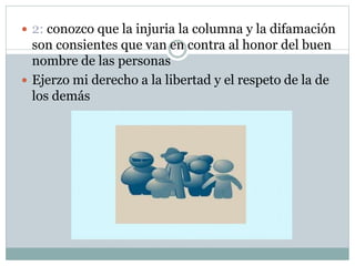  2: conozco que la injuria la columna y la difamación
son consientes que van en contra al honor del buen
nombre de las personas
 Ejerzo mi derecho a la libertad y el respeto de la de
los demás
 