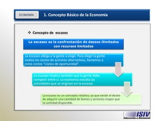ECONOMÍA 1. Concepto Básico de la Economía
ECONOMÍA
❖ Concepto de escasez
La escasez es la confrontación de deseos ilimitados
con recursos limitados
La escasez obliga a la gente a elegir. Para elegir la gente
evalúa los costos de acciones alternativas, llamamos a
estos costos “costos de oportunidad”.
La escasez implica también que la gente deba
competir entre sí. La economía estudia las
actividades que se originan en la escasez.
La escasez es un concepto relativo, ya que existe el deseo
de adquirir una cantidad de bienes y servicios mayor que
la cantidad disponible.
 