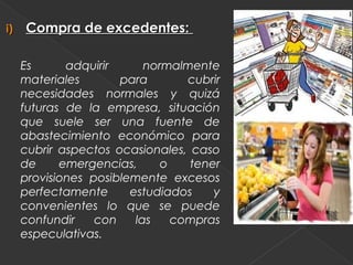 i)   Compra de excedentes:

     Es      adquirir      normalmente
     materiales       para        cubrir
     necesidades normales y quizá
     futuras de la empresa, situación
     que suele ser una fuente de
     abastecimiento económico para
     cubrir aspectos ocasionales, caso
     de     emergencias,      o   tener
     provisiones posiblemente excesos
     perfectamente      estudiados    y
     convenientes lo que se puede
     confundir    con    las    compras
     especulativas.
 