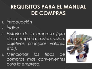1. Introducción
2. Índice
3. Historia de la empresa (giro
   de la empresa, misión, visión,
   objetivos, principios, valores,
   etc.).
4. Mencionar      los tipos de
   compras mas convenientes
   para la empresa.
 