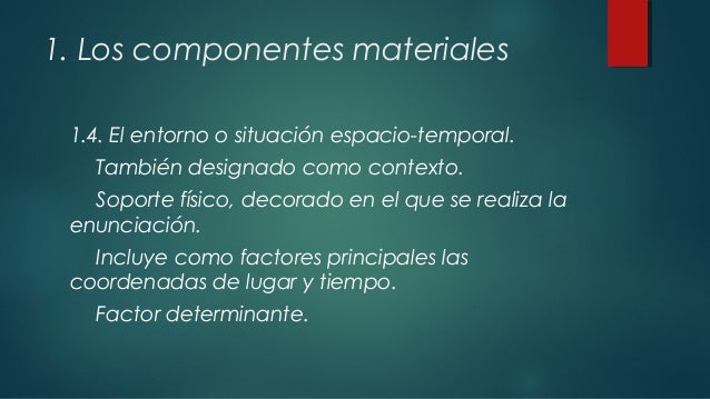 1. Los componentes materiales
1.4. El entorno o situación espacio-temporal.
También designado como contexto.
Soporte físic...