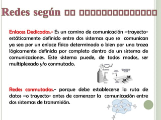 Enlaces Dedicados.- Es un camino de comunicación –trayecto-
estáticamente definido entre dos sistemas que se comunican
ya sea por un enlace físico determinado o bien por una traza
lógicamente definida por completo dentro de un sistema de
comunicaciones. Este sistema puede, de todos modos, ser
multiplexado y/o conmutado.



Redes conmutadas.- porque debe establecerse la ruta de
datos –o trayecto- antes de comenzar la comunicación entre
dos sistemas de transmisión.
 