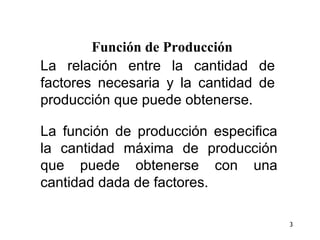 Función de Producción
La relación entre la cantidad de
factores necesaria y la cantidad de
producción que puede obtenerse.

La función de producción especifica
la cantidad máxima de producción
que puede obtenerse con una
cantidad dada de factores.

                                      3
 