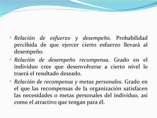 • Relación de esfuerzo y desempeño. Probabilidad
  percibida de que ejercer cierto esfuerzo llevará al
  desempeño.
• Relación de desempeño recompensa. Grado en el
  individuo cree que desenvolverse a cierto nivel le
  traerá el resultado deseado.
• Relación de recompensa y metas personales. Grado en
  el que las recompensas de la organización satisfacen
  las necesidades o metas personales del individuo, así
  como el atractivo que tengan para él.
 