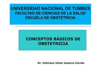 UNIVERSIDAD NACIONAL DE TUMBES
 FACULTAD DE CIENCIAS DE LA SALUD
     ESCUELA DE OBSTETRICIA




     CONCEPTOS BÁSICOS DE
         OBSTETRICIA



           Dr. Feliciano Víctor Gutarra Cerrón
 