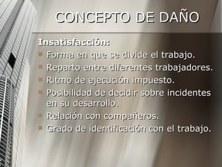 CONCEPTO DE DAÑO Insatisfacción: Forma en que se divide el trabajo. Reparto entre diferentes trabajadores. Ritmo de ejecución impuesto. Posibilidad de decidir sobre incidentes en su desarrollo. Relación con compañeros. Grado de identificación con el trabajo. 