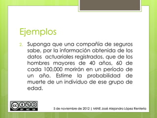 Ejemplos
2. Suponga que una compañía de seguros
sabe, por la información obtenida de los
datos actuariales registrados, que de los
hombres mayores de 40 años, 60 de
cada 100,000 morirán en un período de
un año. Estime la probabilidad de
muerte de un individuo de ese grupo de
edad.
5 de noviembre de 2012 | MINE José Alejandro López Rentería
 