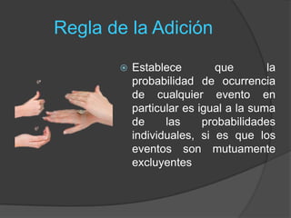 Regla de la Adición
 Establece que la
probabilidad de ocurrencia
de cualquier evento en
particular es igual a la suma
de las probabilidades
individuales, si es que los
eventos son mutuamente
excluyentes
 