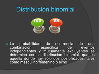 Distribución binomial
 La probabilidad de ocurrencia de una
combinación específica de eventos
independientes y mutuamente excluyentes se
determina con la distribución binomial, que es
aquella donde hay solo dos posibilidades, tales
como masculino/femenino o si/no
 