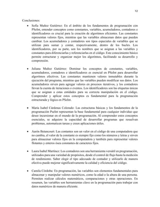 12
Conclusiones:
• Sofía Muñoz Gutiérrez: En el ámbito de los fundamentos de programación con
PSeInt, entender conceptos como constantes, variables, acumuladores, contadores e
identificadores es crucial para la creación de algoritmos eficientes. Las constantes
representan valores fijos, mientras que las variables almacenan datos que pueden
cambiar. Los acumuladores y contadores son tipos especiales de variables que se
utilizan para sumar y contar, respectivamente, dentro de los bucles. Los
identificadores, por su parte, son los nombres que se asignan a las variables y
constantes para diferenciarlas y referenciarlas en el código. Este conocimiento básico
permite estructurar y organizar mejor los algoritmos, facilitando su desarrollo y
comprensión.
• Juliana Muñoz Gutiérrez: Dominar los conceptos de constantes, variables,
acumuladores, contadores e identificadores es esencial en PSeInt para desarrollar
algoritmos efectivos. Las constantes mantienen valores inmutables durante la
ejecución del programa, mientras que las variables pueden modificar sus datos. Los
acumuladores sirven para agregar valores en procesos iterativos, y los contadores
llevan la cuenta de iteraciones o eventos. Los identificadores son las etiquetas únicas
que se asignan a estas entidades para su correcta manipulación en el código.
Comprender y aplicar estos conceptos es fundamental para la programación
estructurada y lógica en PSeInt.
• María Isabel Cárdenas Colorado: Las estructuras básicas y los fundamentos de la
programación PseInt representan la base fundamental para cualquier individuo que
desee incursionar en el mundo de la programación. Al comprender estos conceptos
esenciales, se adquiere la capacidad de desarrollar programas que resuelvan
problemas, automaticen tareas y creen aplicaciones útiles.
• Aarón Betancourt: Las contantes son un valor en el código de una computadora que
no cambia, el valor de la constante es siempre fijo como los números y letras y sirven
para almacenar valores fijos en la computadora y también para representar valores
flotantes y enteros ósea constantes de caracteres fijos.
• Laura Isabel Martínez: Los contadores son una herramienta versátil en programación,
utilizados para una variedad de propósitos, desde el control de flujo hasta la medición
de rendimiento. Saber elegir el tipo adecuado de contador y utilizarlo de manera
efectiva puede mejorar significativamente la calidad y eficiencia del código.
• Camila Córdoba: En programación, las variables son elementos fundamentales para
almacenar y manipular valores numéricos, como la edad o la altura de una persona.
Permiten realizar cálculos matemáticos, comparaciones y otras operaciones. En
resumen, las variables son herramientas clave en la programación para trabajar con
datos numéricos de manera eficiente.
 