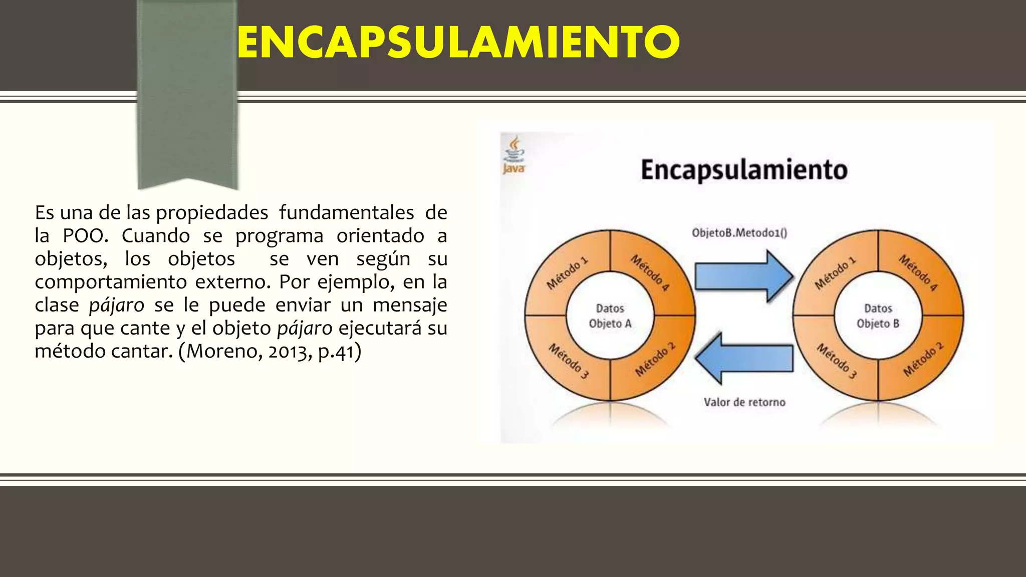 ENCAPSULAMIENTO
Es una de las propiedades fundamentales de
la POO. Cuando se programa orientado a
objetos, los objetos se ven según su
comportamiento externo. Por ejemplo, en la
clase pájaro se le puede enviar un mensaje
para que cante y el objeto pájaro ejecutará su
método cantar. (Moreno, 2013, p.41)
 