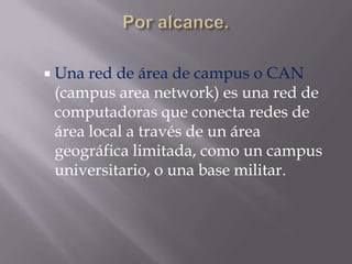  Una red de área de campus o CAN
 (campus area network) es una red de
 computadoras que conecta redes de
 área local a través de un área
 geográfica limitada, como un campus
 universitario, o una base militar.
 