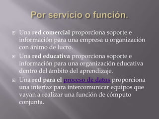    Una red comercial proporciona soporte e
    información para una empresa u organización
    con ánimo de lucro.
   Una red educativa proporciona soporte e
    información para una organización educativa
    dentro del ámbito del aprendizaje.
   Una red para el proceso de datos proporciona
    una interfaz para intercomunicar equipos que
    vayan a realizar una función de cómputo
    conjunta.
 