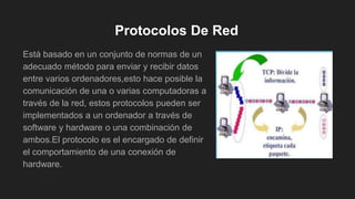 Protocolos De Red
Está basado en un conjunto de normas de un
adecuado método para enviar y recibir datos
entre varios ordenadores,esto hace posible la
comunicación de una o varias computadoras a
través de la red, estos protocolos pueden ser
implementados a un ordenador a través de
software y hardware o una combinación de
ambos.El protocolo es el encargado de definir
el comportamiento de una conexión de
hardware.
 