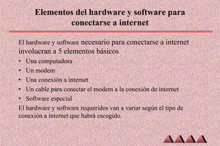 Elementos del hardware y software para
conectarse a internet
El hardware y software necesario para conectarse a internet
involucran a 5 elementos básicos
• Una computadora
• Un modem
• Una conexión a internet
• Un cable para conectar el modem a la conexión de internet
• Software especial
El hardware y software requeridos van a variar según el tipo de
conexión a internet que habrá escogido.
 