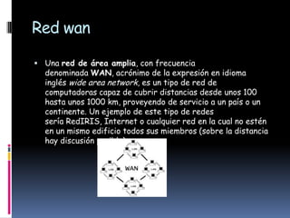 Red wan

 Una red de área amplia, con frecuencia
  denominada WAN, acrónimo de la expresión en idioma
  inglés wide area network, es un tipo de red de
  computadoras capaz de cubrir distancias desde unos 100
  hasta unos 1000 km, proveyendo de servicio a un país o un
  continente. Un ejemplo de este tipo de redes
  sería RedIRIS, Internet o cualquier red en la cual no estén
  en un mismo edificio todos sus miembros (sobre la distancia
  hay discusión posible).
 