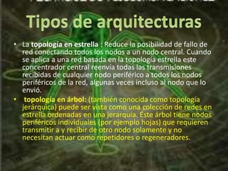 • La topología en estrella : Reduce la posibilidad de fallo de
  red conectando todos los nodos a un nodo central. Cuando
  se aplica a una red basada en la topología estrella este
  concentrador central reenvía todas las transmisiones
  recibidas de cualquier nodo periférico a todos los nodos
  periféricos de la red, algunas veces incluso al nodo que lo
  envió.
• topología en árbol: (también conocida como topología
  jerárquica) puede ser vista como una colección de redes en
  estrella ordenadas en una jerarquía. Éste árbol tiene nodos
  periféricos individuales (por ejemplo hojas) que requieren
  transmitir a y recibir de otro nodo solamente y no
  necesitan actuar como repetidores o regeneradores.
 