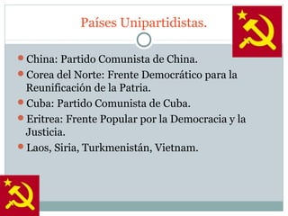 Países Unipartidistas.

China: Partido Comunista de China.
Corea del Norte: Frente Democrático para la
 Reunificación de la Patria.
Cuba: Partido Comunista de Cuba.
Eritrea: Frente Popular por la Democracia y la
 Justicia.
Laos, Siria, Turkmenistán, Vietnam.
 
