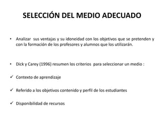Analizar  sus ventajas y su idoneidad con los objetivos que se pretenden y con la formación de los profesores y alumnos que los utilizarán.Dick y Carey (1996) resumen los criterios  para seleccionar un medio :Contexto de aprendizaje