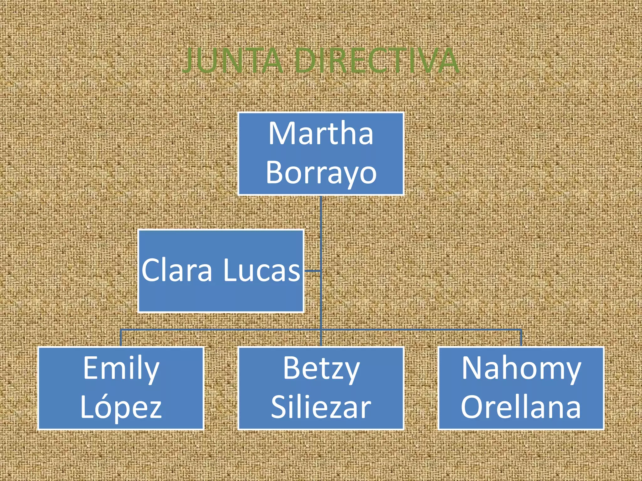 JUNTA DIRECTIVA
            Martha
            Borrayo

   Clara Lucas

Emily        Betzy     Nahomy
López       Siliezar   Orellana
 