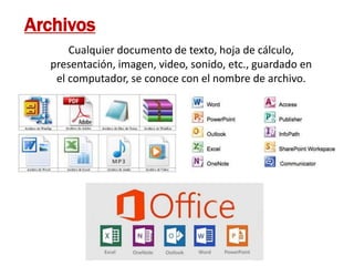 Cualquier documento de texto, hoja de cálculo,
presentación, imagen, video, sonido, etc., guardado en
el computador, se conoce con el nombre de archivo.
Archivos
 