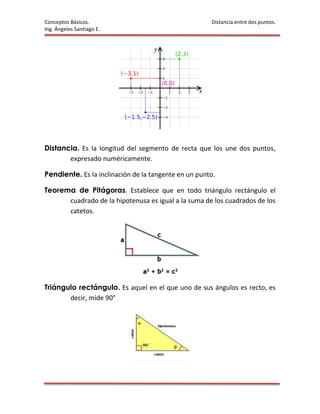 Conceptos Básicos.                                    Distancia entre dos puntos.
Ing. Ángeles Santiago E.




Distancia. Es la longitud del segmento de recta que los une dos puntos,
       expresado numéricamente.

Pendiente. Es la inclinación de la tangente en un punto.

Teorema de Pitágoras. Establece que en todo triángulo rectángulo el
      cuadrado de la hipotenusa es igual a la suma de los cuadrados de los
      catetos.




Triángulo rectángulo. Es aquel en el que uno de sus ángulos es recto, es
       decir, mide 90°
 