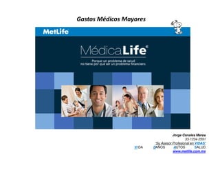 Gastos Médicos Mayores




                                      Jorge Canales Mares
                                              33-1234-2591
                           “Su Asesor Profesional en VIDAS”
                  VI DA   DAÑOS        AUTOS         SALUD
                                      www.metlife.com.mx
 