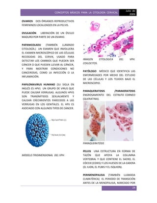 CONCEPTOS BÁSICOS PARA LA CITOLOGÍA CERVICAL
Julio de
2009
24
OVARIOS DOS ÓRGANOS REPRODUCTIVOS
FEMENINOS LOCALIZADOS EN LA PELVIS.
OVULACIÓN LIBERACIÓN DE UN ÓVULO
MADURO POR PARTE DE UN OVARIO.
PAPANICOLAOU (TAMBIÉN LLAMADO
CITOLOGÍA.) UN EXAMEN QUE INVOLUCRA
EL EXAMEN MICROSCÓPICO DE LAS CÉLULAS
RECOGIDAS DEL CERVIX, USADO PARA
DETECTAR LOS CAMBIOS QUE PUEDEN SER
CÁNCER O QUE PUEDEN LLEVAR AL CÁNCER,
Y PARA MOSTRAR CONDICIONES NO
CANCEROSAS, COMO LA INFECCIÓN O LA
INFLAMACIÓN.
PAPILOMAVIRUS HUMANO (SU SIGLA EN
INGLÉS ES HPV) UN GRUPO DE VIRUS QUE
PUEDE CAUSAR VERRUGAS. ALGUNOS HPVS
SON TRANSMITIDOS SEXUALMENTE Y
CAUSAN CRECIMIENTOS PARECIDOS A LAS
VERRUGAS EN LOS GENITALES. EL HPV ES
ASOCIADO CON ALGUNOS TIPOS DE CÁNCER.
MODELO TRIDIMENSIONAL DEL VPH
IMAGEN CITOLOGICA DEL VPH.
COILOCITOS.
PATÓLOGO MÉDICO QUE IDENTIFICA LAS
ENFERMEDADES POR MEDIO DEL ESTUDIO
DE LAS CÉLULAS Y LOS TEJIDOS BAJO EL
MICROSCOPIO.
PARAQUERATOSIS /PARAKERATOSIS
ENGROSAMIENTO DEL ESTRATO CORNEO
(QUERATINA).
PARAQUERATOSIS
PELVIS UNA ESTRUCTURA EN FORMA DE
TAZÓN QUE APOYA LA COLUMNA
VERTEBRAL Y QUE CONTIENE EL SACRO, EL
CÓCCIX (COXIS) Y LOS HUESOS DE LA CADERA
(EL ILION, EL PUBIS Y EL ISQUION).
PERIMENOPAUSIA (TAMBIÉN LLAMADA
CLIMATÉRICA) EL PERIODO DE TRANSICIÓN
ANTES DE LA MENOPAUSIA, MARCADO POR
 
