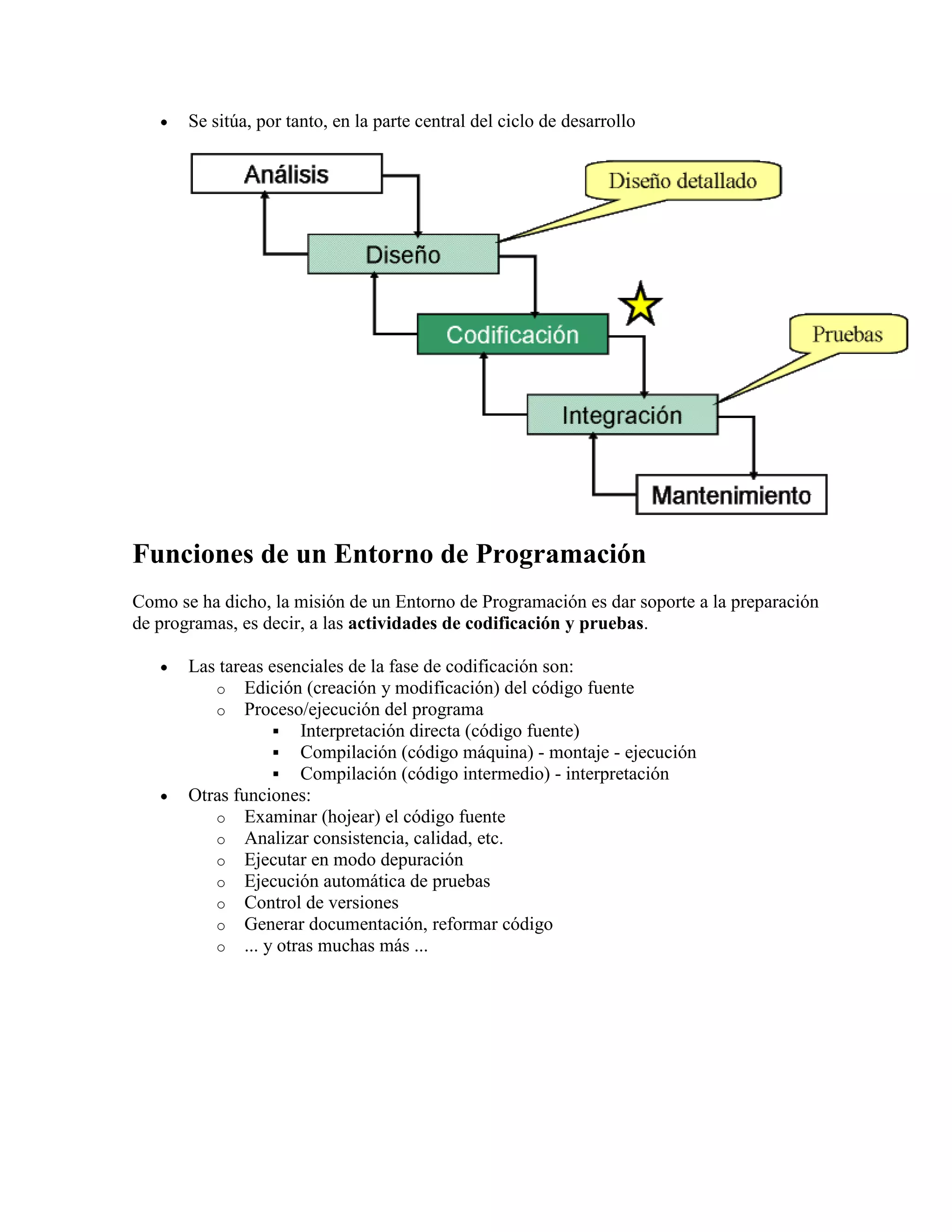 Se sitúa, por tanto, en la parte central del ciclo de desarrollo




Funciones de un Entorno de Programación
Como se ha dicho, la misión de un Entorno de Programación es dar soporte a la preparación
de programas, es decir, a las actividades de codificación y pruebas.

       Las tareas esenciales de la fase de codificación son:
          o Edición (creación y modificación) del código fuente
          o Proceso/ejecución del programa
                    Interpretación directa (código fuente)
                    Compilación (código máquina) - montaje - ejecución
                    Compilación (código intermedio) - interpretación
       Otras funciones:
          o Examinar (hojear) el código fuente
          o Analizar consistencia, calidad, etc.
          o Ejecutar en modo depuración
          o Ejecución automática de pruebas
          o Control de versiones
          o Generar documentación, reformar código
          o ... y otras muchas más ...
 
