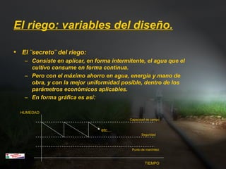El riego: variables del diseño.
• El ¨secreto¨ del riego:
– Consiste en aplicar, en forma intermitente, el agua que el
cultivo consume en forma continua.
– Pero con el máximo ahorro en agua, energía y mano de
obra, y con la mejor uniformidad posible, dentro de los
parámetros económicos aplicables.
– En forma gráfica es así:
TIEMPO
HUMEDAD
Capacidad de campo
Punto de marchitez
Seguridad
etc…
 