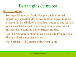Estrategias de marca
De distribuidor:
  Son aquellas marcas fabricadas por un determinado
  industrial y son ofrecidas al consumidor bajo el nombre
  o marca del distribuidor o detallista, que es el que realiza
  todas las actividades de marketing en relación con las
  mismas. Se le conocen como marcas propias.
  Los Distribuidores compran los excesos de Producción a
  distintos fabricantes especialistas .
  Eje. Soriana, Hill Country Fair, Great value


                       M.A. Bernardo Amezcua N.          27
 