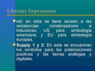 Librerías Importantes
 rcl: en esta se tiene acceso a las
resistencias condensadores e
inductores; US para simbología
americana y EU para simbología
europea.
 Supply 1 y 2: En esta se encuentran
los símbolos para las polarizaciones
positivas y las tierras análogas y
digitales.
 